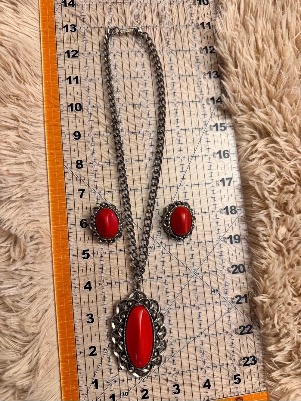 Red Oval Pendant Necklace and Earrings Set - Women Jewelry